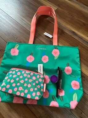 Clinique Teal Tote with Blue and Pink Floral Accent